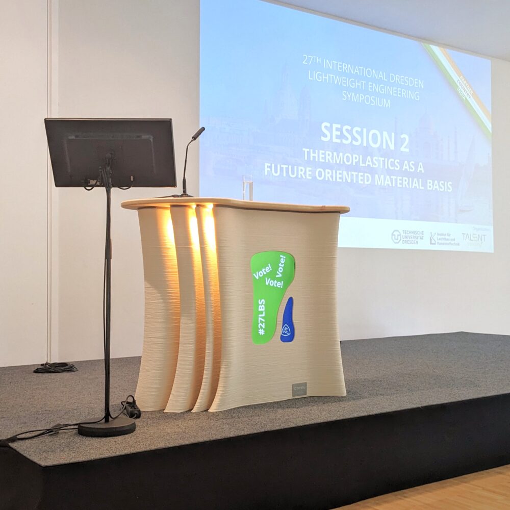 lecturn with coralic design at LBS2024 3d printed at large scale with recycled material