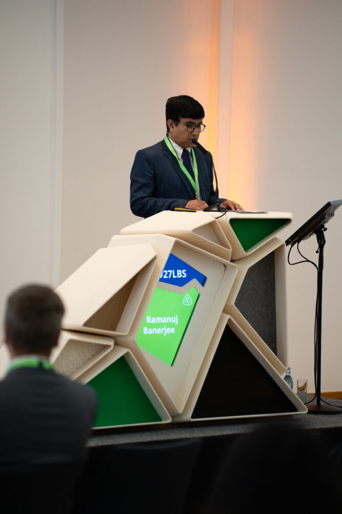 lecturn with wave design at LBS2024 3d printed at large scale with recycled material